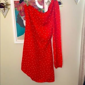 1 shoulder red polka dot mini dress